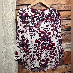 Lucky Brand Floral Print Peasant Women's Top - Red and Blue